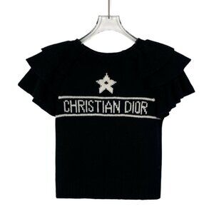 Christian Dior Black Cashmere Ruffled Short Sleeve Sweater With Logo Jacquard Si